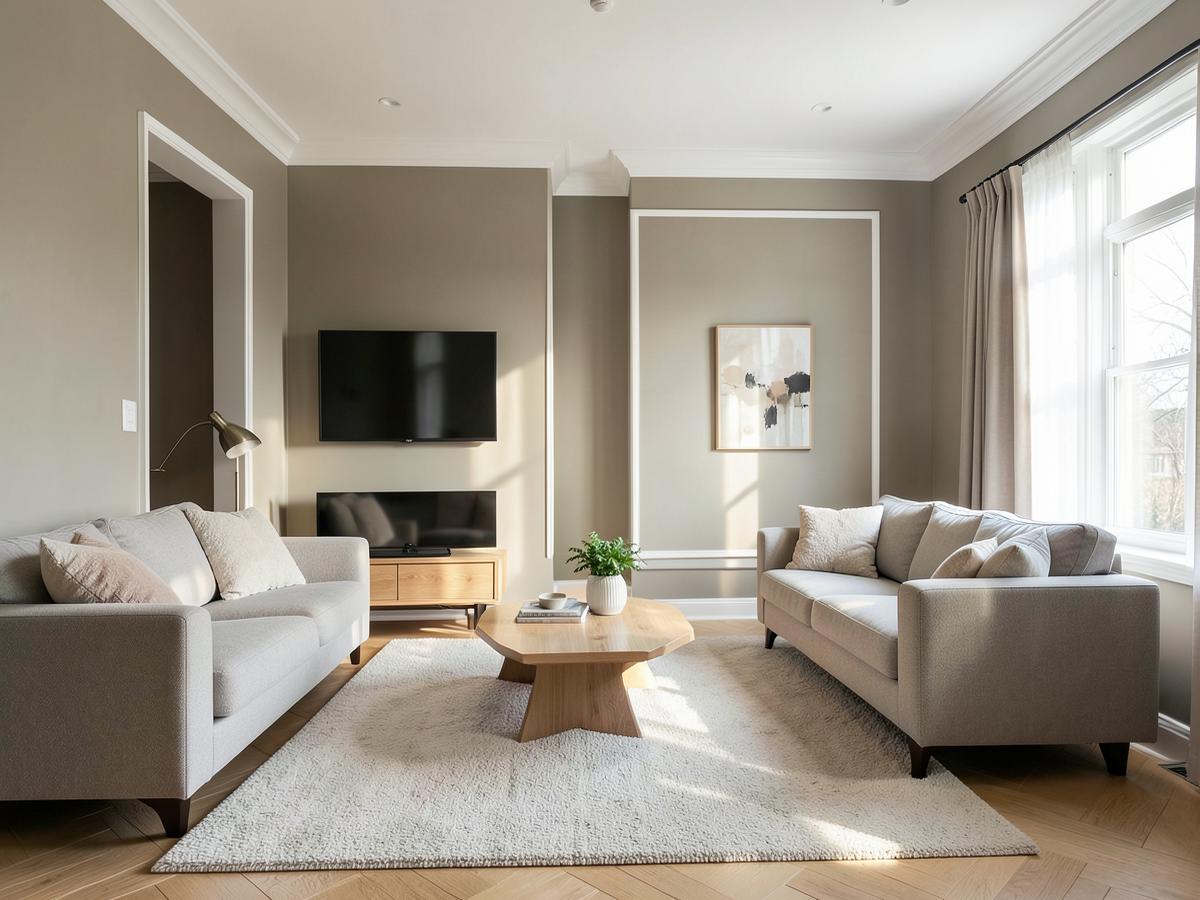 Living room with warm greige walls and white trim