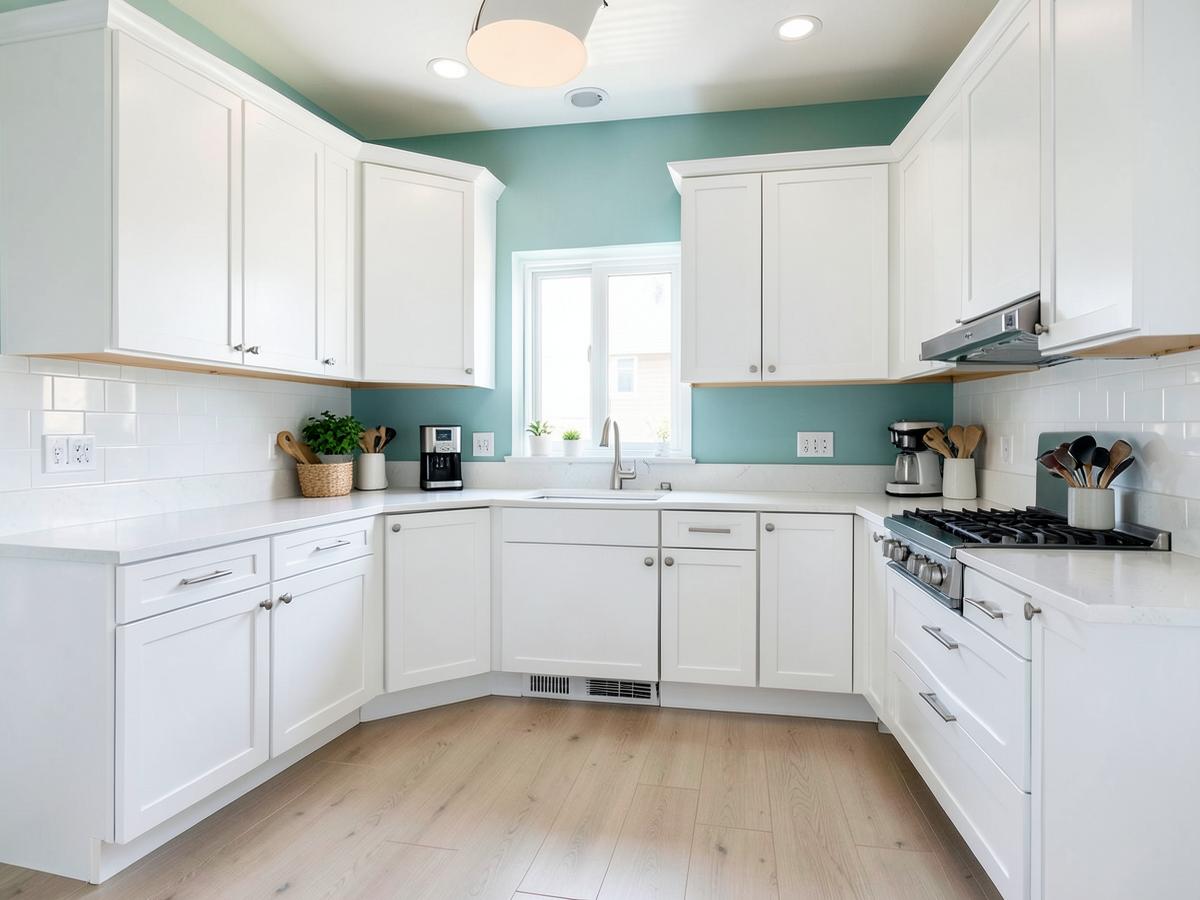 Kitchen with white cabinets and soft teal walls