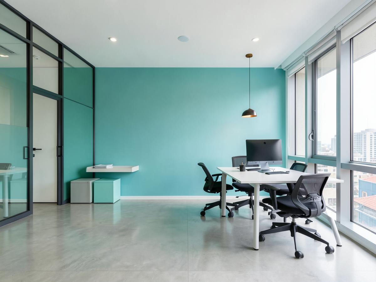 Commercial office with a teal accent wall