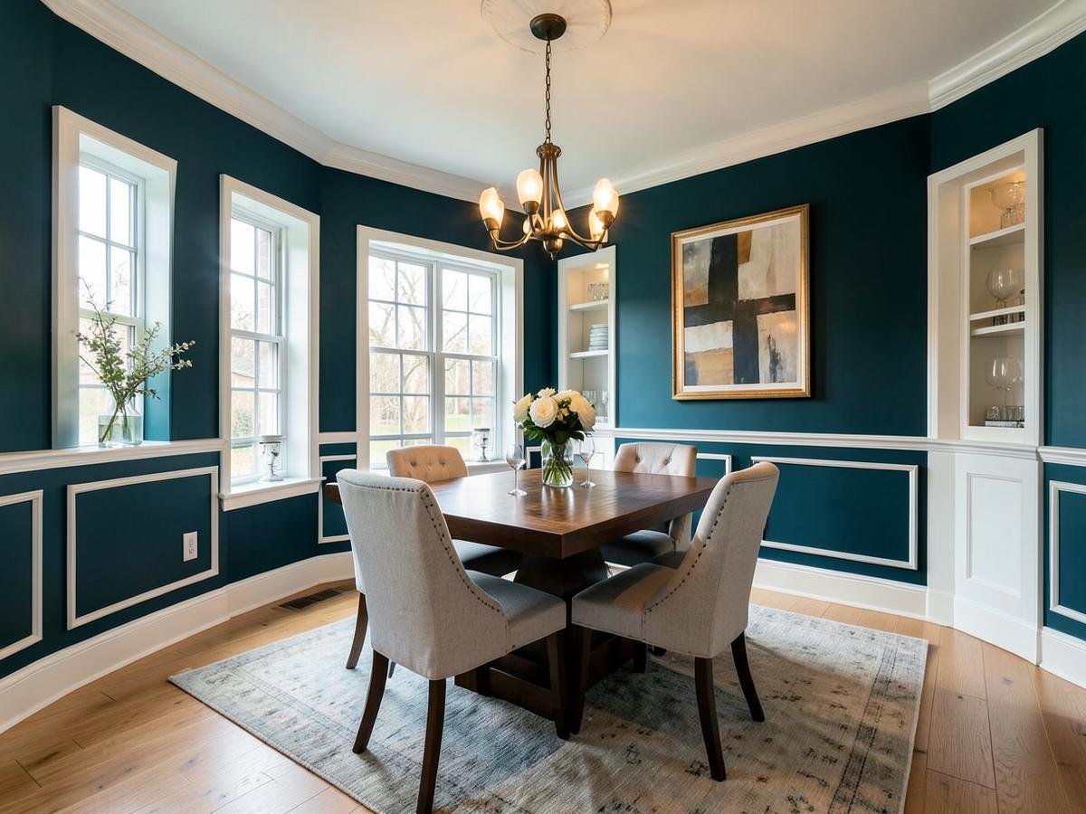 Dining room with deep teal walls and white trim